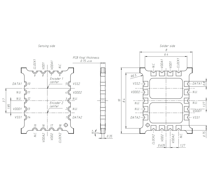 Technical drawing of absolute inductive encoder chip AP5603