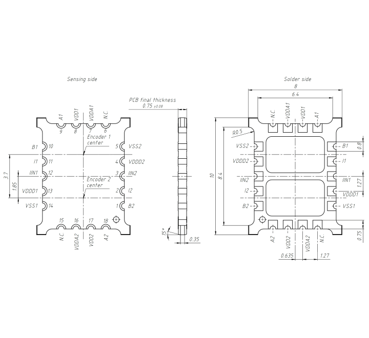 Technical drawing of inductive encoder chip IT5602